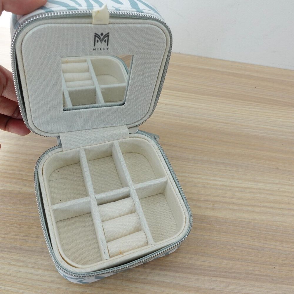 Milly Jewelry Box Mini Blue Zebra Travel Case Bijoux Organizer Faux Leather Cube